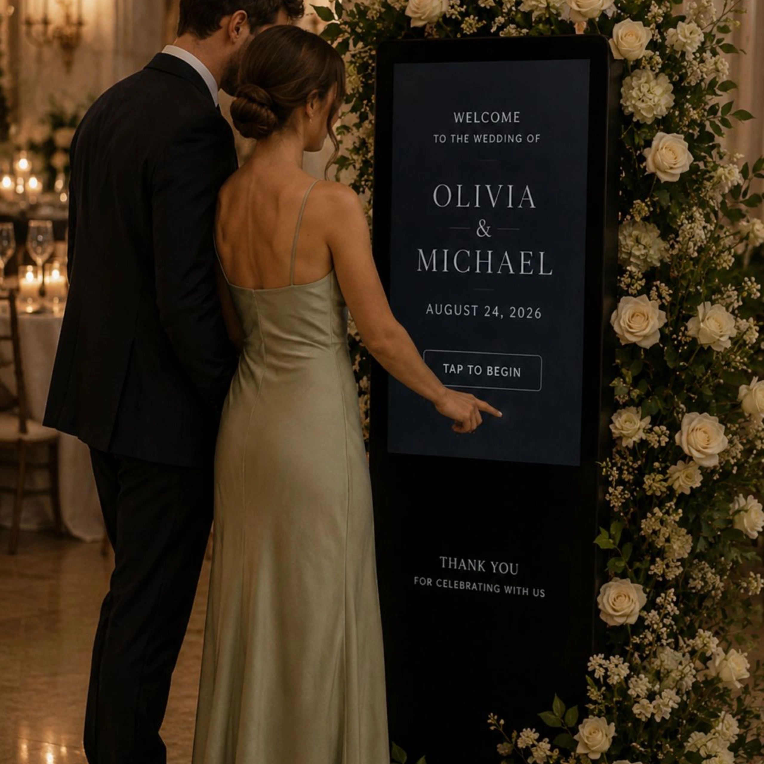 Concept image of a guest using a Lumi wedding welcome display