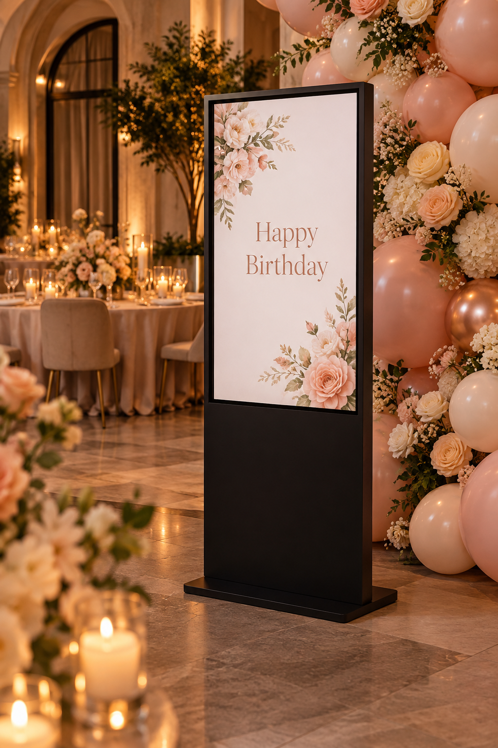 Birthday display concept with blush balloons and a personalised welcome screen